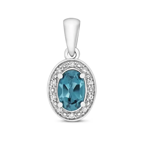 Diamond 0.03ct and London Blue Topaz Pendant 6X4mm 9ct White Gold